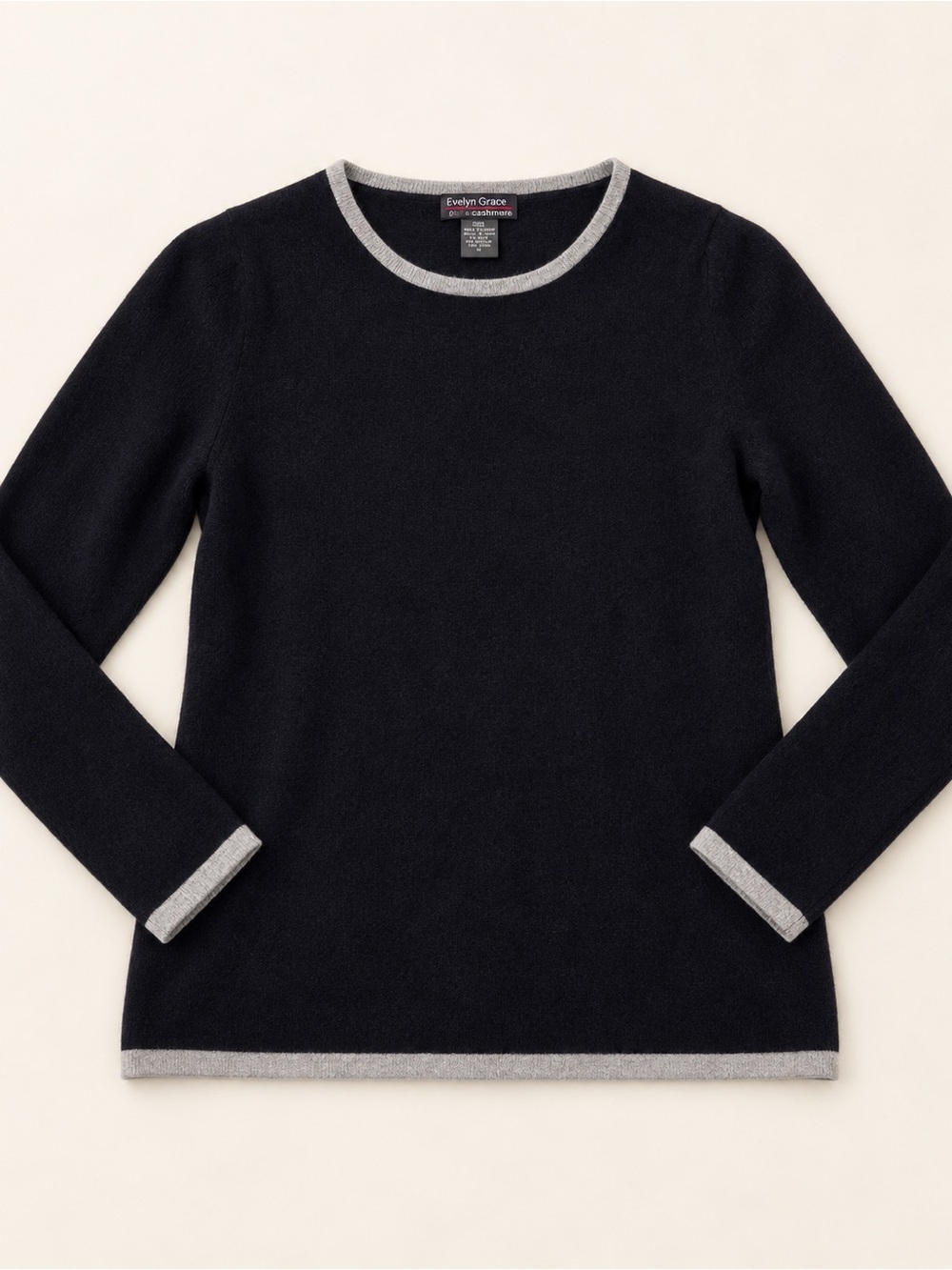 Evelyn Grace cashmere Black Crewneck Sweater with Gray Contrast Trim